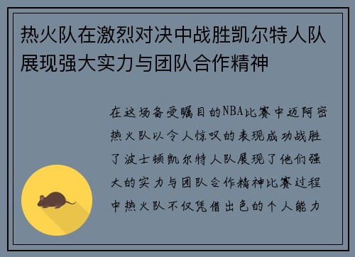 热火队在激烈对决中战胜凯尔特人队展现强大实力与团队合作精神